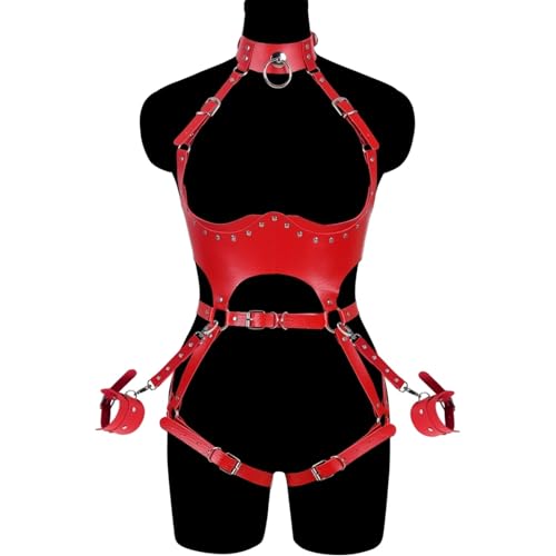 FOTN Women Punk PU Leather Body Waist Belt Bodysuit Bondage Body Harness Belt Sexy Lingerie Leg Garter BT1 - Red