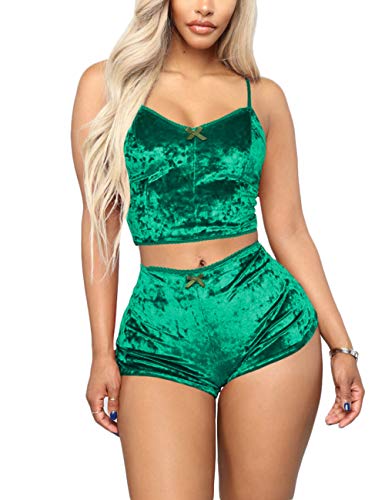 Angsuttc Women's Velvet 2 Piece Outfit Spaghetti Strap Sleeveless Crop Top+ Shorts Set - Large - Green
