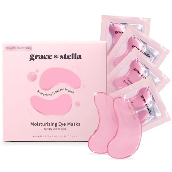 Award Winning Under Eye Mask - Reduce Dark Circles, Puffy Eyes, Undereye Bags, Wrinkles - Gel Under Eye Patches, Vegan Cruelty-Free Self Care by grace and stella (48 Pairs, Pink)