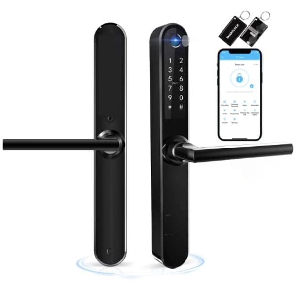 Ruveno Slim Smart Fingerprint Door Lock with Handles, Keyless Entry Door Lock, Bluetooth Fingerprint Keypad Card Keyless Unlock for Aluminum Swing Wooden Door(Black)
