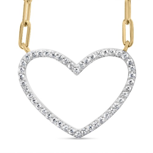 14K Yellow Gold Plated .925 Sterling Silver 1/4 Cttw Diamond Open Heart with Paperclip Chain Pendant Necklace (I-J Color, I2-I3 Clarity) - 18" Inches