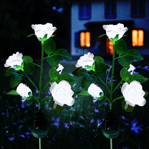 Solar tuinverlichting,XVZ LED roos zonnelamp voor buiten, met grote bloemen en breder zonnepaneel, waterdicht decoratieve rozenverlichting, ideaal voor tuin, gazon, terras, veld pad (wit 2 stuks) - Wit