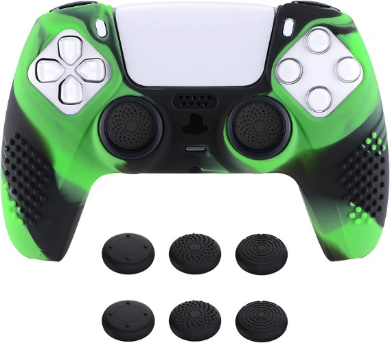eXtremeRate PlayVital 3D Studded Edition Anti-Slip Silicone Cover Skin for ps5 Controller, Soft Rubber Case Protector for ps5 Wireless Controller with Thumb Grip Caps - Green & Black