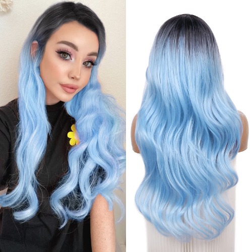 FAVE Light Blue Wigs for Women Ombre Wig Side Part Long Wavy Wig Baby Blue Wig Heat Resistant Synthetic Mermaid Wigs Cosplay Party (1B to Light Blue,26 Inch)