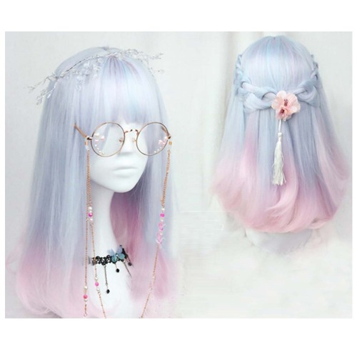 CHC FAIRY 18 inch soft sister Light blue pink color gradient COSPLAY wig Gals Japan Harajuku style+cap No headwear