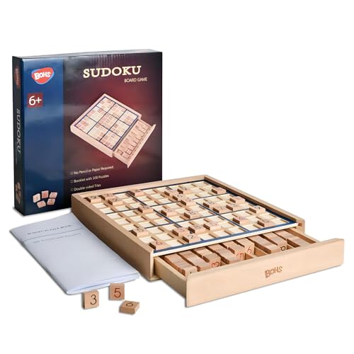 BOHS Wooden Sudoku Board Game with Drawer - with Book of 100 Sudoku Puzzles for Adults - Brain Teaser Desktop Toys