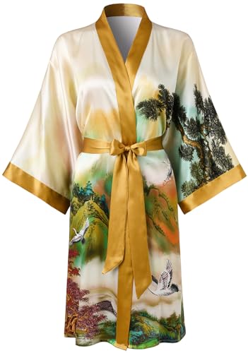 Ledamon Women's 100% Silk Kimono Short Robe 