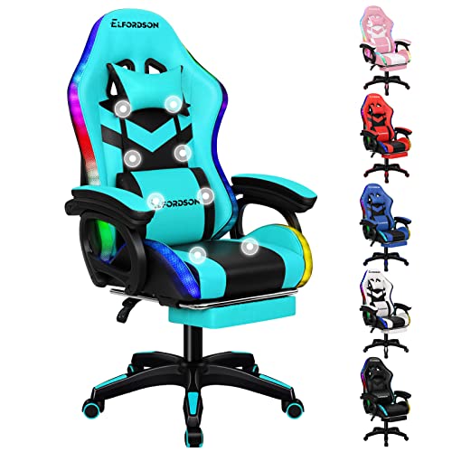 ELFORDSON Gaming Chair with RGB LED Light, 8-Point Massage Computer Office Chair with Lumbar Support Footrest 82cm High Back 150° Recliner, Black & Cyan - Cyan