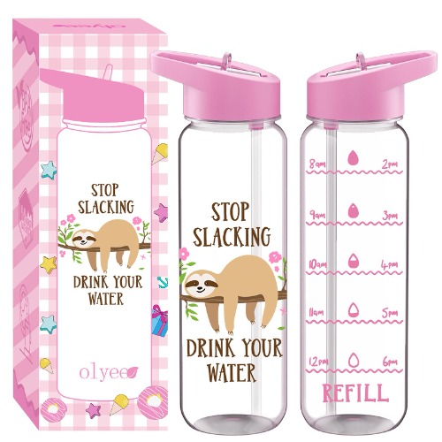 Miuse 24oz Motivational Sports Water Bottle with Time Marker, 720ml Water Bottle with Straw Leakproof BPA-Free Water Bottle for Children Cycling, Hiking(Sloth)