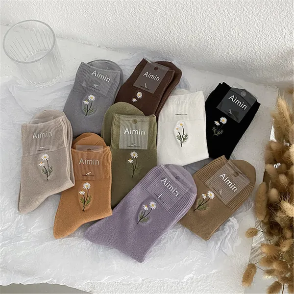 Daisy Embroidered Socks,Cotton Women's Socks,Girly Socks,Comfortable Socks,Crew Socks,Student Cotton Socks,Cute Candy Colored Flower Socks