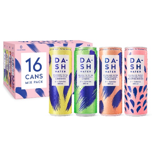Dash Water Variety Pack - 16 x Flavoured Sparkling Spring Water - Peach, Lime, Raspberry & Lemon - Infused with Aussie Wonky Fruit (16 x 300 ml cans)