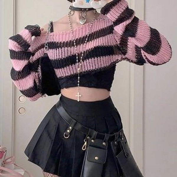 Barbiecore Long Sleeve Cold Shoulder Striped Color-Block Crochet-Knit Crop Sweater