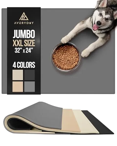 AVERYDAY 32x24'' Large Silicone Cat Dog Food Water Bowl Mat Fits Multi Pet Feeding Stations, 0.63" High Edge Dog Food Mats for Floors Waterproof, Rubber Pet Food Bowl Mat/Placemats for Dog Food Dish