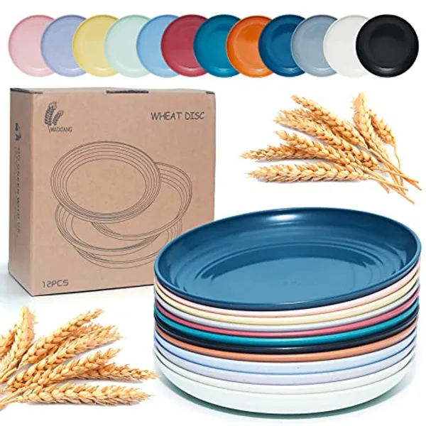 DAPIPIK 12 PACK 7 Inch Lightweight Mini Wheat Straw Plates, Unbreakable Sturdy Plastic Dinner Plates, Assorted Colors Dinnerware Sets, Microwave & Dishwasher Safe/Kids-toddler & Adult