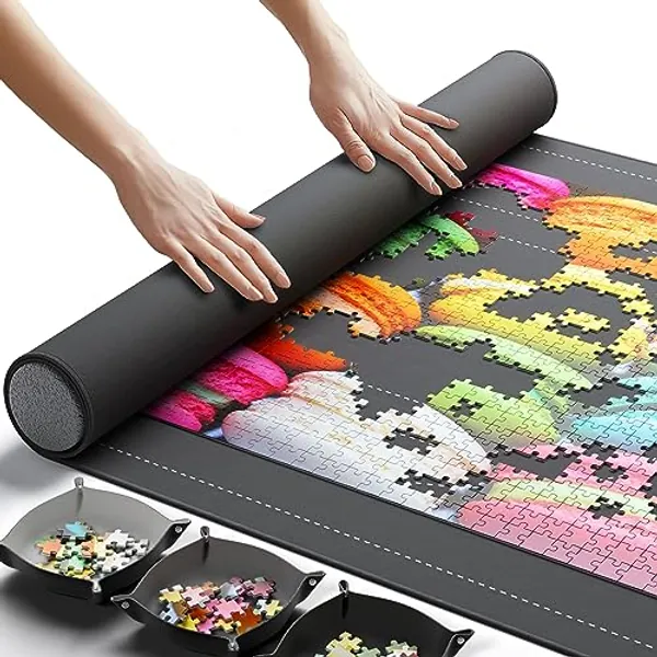 Newverest Jigsaw Puzzle Mat Roll Up, Saver Pad 46” x 26” Portable Keeper Up to 1500 pieces with Non-Slip Rubber Bottom and Smooth Polyester Top + 3 Puzzle Sorting Trays and Travel-Friendly Storage Bag