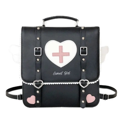 Menhera Inspired Paste Goth Backpack Purse with Heart Design - Black