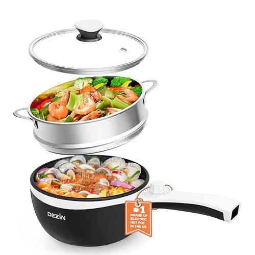 Dezin Hot Pot Electric with Steamer Upgraded, Non-Stick Sauté Pan, Rapid Noodles Electric Pot, 1.5L Mini Pot for Steak, Egg, Fried Rice, Ramen, Oatmeal, Soup with Power Adjustment (Egg Rack Included) - H(Black/with Steamer)