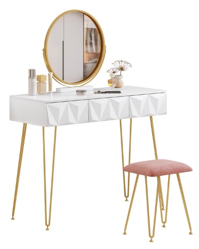 EUGAD sminkbord med pall och spegel, 360° vridbar sminkspegel, toalettbord sminkbord med 3 lådor, vadderad sammetspall, 3D-effekt låda, vitt och guld - 100x40cm