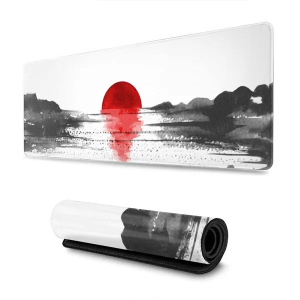 Lake with Red Sun Asian Japanese Ink Gaming Mouse Pad XL, Extended Large Mouse Mat Desk Pad, Stitched Edges Mousepad, Long Mouse Pad, 31.5 X 11.8 Inch