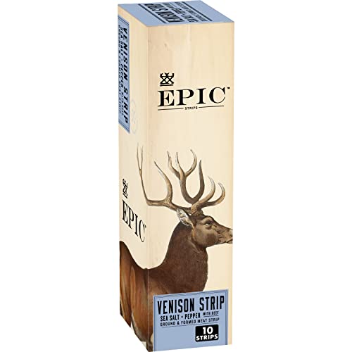 EPIC Snack Strips, Venison Beef Sea Salt Pepper, Keto and Paleo Friendly, 0.8 oz, 10 ct - Sea Salt + Pepper - 0.8 Ounce (Pack of 10)