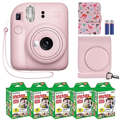 Fujifilm Instax Mini 12 Instant Camera Blossom Pink + MiniMate Accessory Bundle & Compatible Custom Case + Fuji Instax Film Value Pack (50 Sheets) Flamingo Designer Photo Album - Blossom Pink