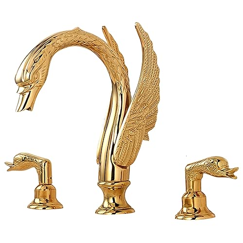 Golden Black Ornate Swan Style Bathroom Sink Faucet Combo Deck Mount Sink Mixer Tap Set Hot Cold Water - Ti-PVD