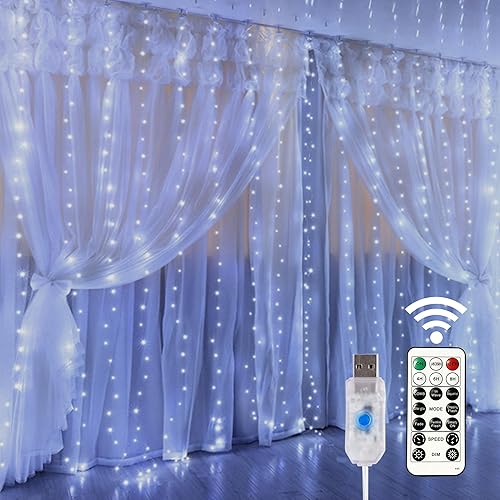 HOME LIGHTING Window Curtain String Lights, 300 LED 8 Lighting Modes Fairy Copper Light with Remote, USB Powered Waterproof for Christmas Bedroom Party Wedding Home Garden Wall Decorations, Cool White - White