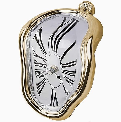 OHmaker Melting Clock Dali Melted Clock Gift Decor Art Inspired Wall Clock Twisted Shelf Hanging Surrealist for Decorative Shop Office Home Desk Roman Gold… - Roman Gold