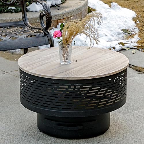 OutVue 26" Wood Burning Fire Pits with Grill & Lid, Fire Pit Table for Outside with Waterproof Cover & Fire Poker, Outdoor Firepit with Functions for BBQ,Table and Bonfire - 26 INCH - Horizontal stripes
