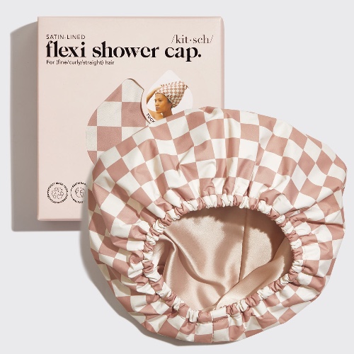 Satin Lined Flexi Shower Cap - Terracotta Checker | NC / OS