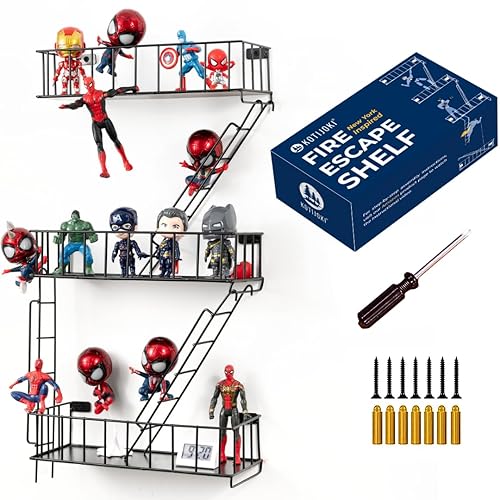 KOTIJOKI Fire Escape Wall Shelf - New York Metal Decorative Shelf with Screwdriver & Screws, Rustic Wall Shelves for Bedroom, Home Décor, Action Figure Display (Midnight Steel) - Midnight Steel