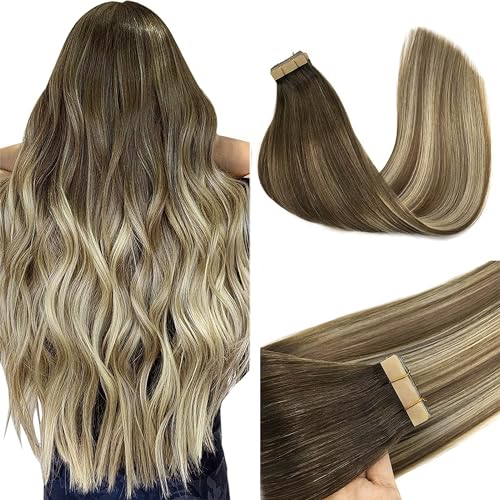 GOO GOO Tape in Extensions Echthaar, 35cm 20pcs 50g Walnussbraun bis Aschbraun und Bleichblond, Tape in Echthaarverlängerungen Invisible Tape Extensions