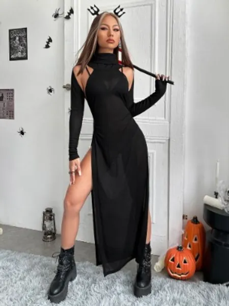 High Neck Cut Out Backless Split Thigh Dress Without Lingerie Set