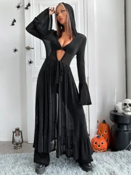 Flounce Sleeve Tie Front Hooded Coat