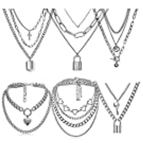6-9 PCS Chain Necklace Egirl Men Male Emo Goth Chains Statement Lock Key 1-4 Layered Pendants Necklace for Women Teen Girls Boys Eboy Long Multilayer Chains Punk Choker Silver and Gold Set
