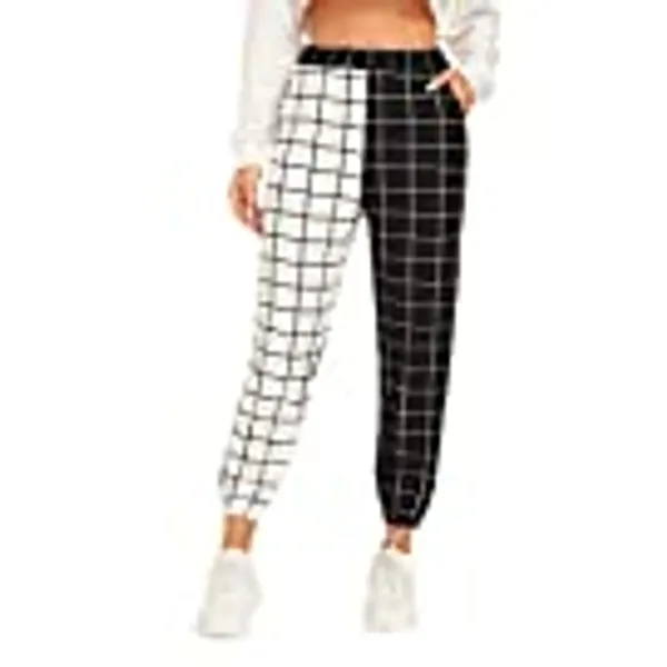 WDIRARA Women's Two Tone Plaid Print Elastic Waist Fashion Straight Leg Pants
