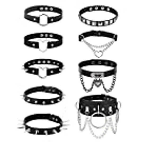 sailimue 9Pcs Punk Leather Necklaces Gothic Collar Necklace for Women Halloween Costume Goth Accessories Adjustable Necklaces Cosplay Jewelry Black