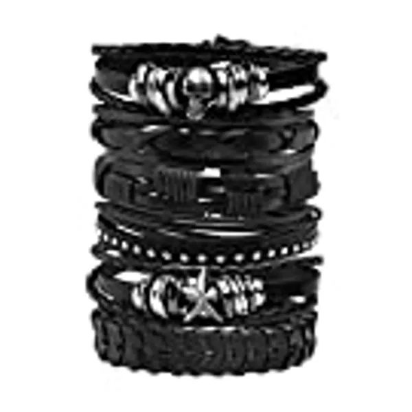 MILAKOO Women Men Leather Bracelet Black Braided Rope Bracelet Wristband Punk Jewelry Skull