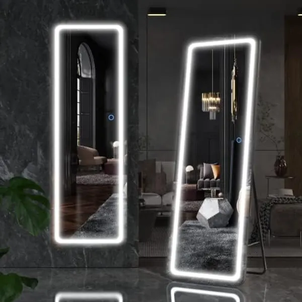 Vierose 60" x 20" Full Length Mirror with Lights and Stand - Wall Mounted and Floor Mirror, LED Lighted Full Body Dressing Mirror, Large Vanity Mirror for Bedroom, Dimming & 3 Color Modes, Black