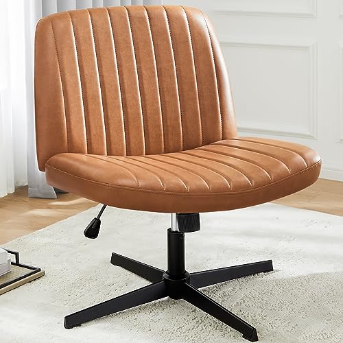 Cross Legged Office Chair, Armless Wide Desk Chair No Wheels, Modern Home Office Desk Chair Swivel Adjustable Leather Vanity Chair - Brown