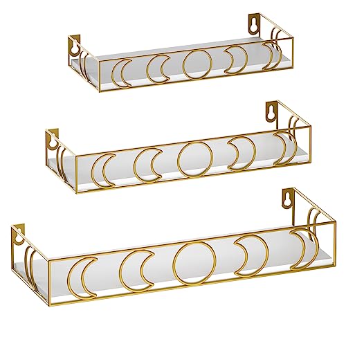 Serwrsw Gold Moon Phase Wall Shelf, 3 Piece Small Floating Shelves Set for Storage Book Plant, Crystal Display Shelf for Bedroom Living Room Decor, White Board - Gold&white