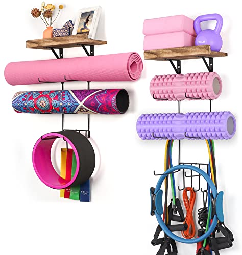 Bikoney Yoga Mat Holder Wall Mount Yoga Mat Storage Home Gym Accessories with Wood Floating Shelves and 4 Hooks for Hanging Foam Roller and Resistance Bands Fitness Home Gym - 2 PACK Carbonized Black