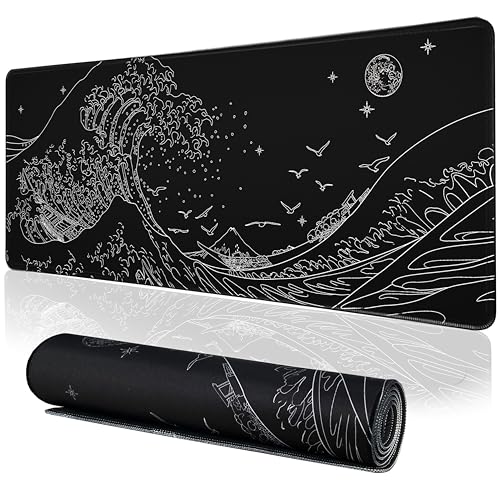 MEWOOCUE Black Gaming Laptop Mouse Pad,Sea Wave Big Mice Pads PC Keyboard Waterproof and Non-Slip 31.5 x 11.8inches 3mm Thick XL,XXL Rubber Table Mat, Kanagawa Surfing and Japanese Mouse Pads - Black Sea Wave - 31.5x11.8"