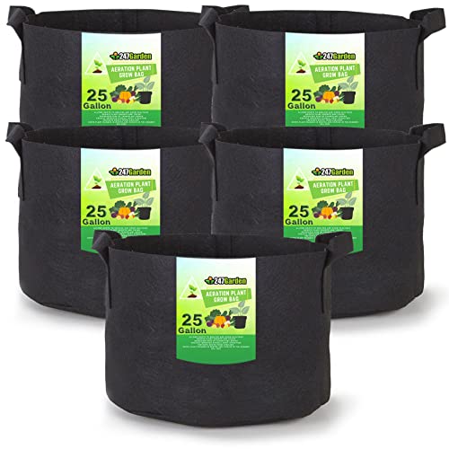 247Garden 5-Pack 25 Gallon Grow Bags/Aeration Fabric Pots w/Handles (260GSM, Black, 16.5H x 21D) - Black - 25 Gallon