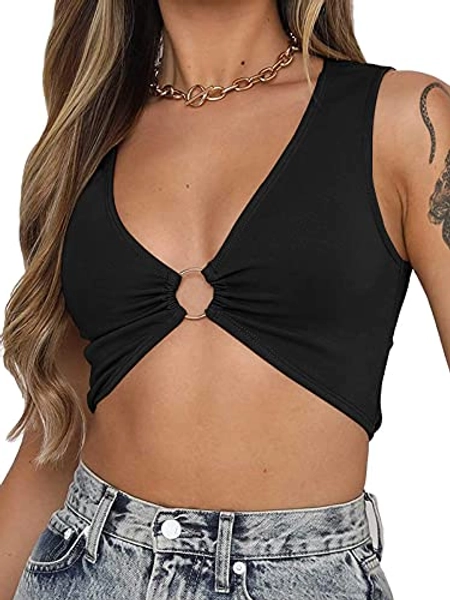 Women's Sexy Sleeveless Plunging Neckline Underboob Corset Y2k Cropped Tank Top with Golden Ring