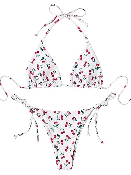 SOLY HUX Women's Bikini Sets Cherry Print Halter Triangle Tie Side Bathing Suits 2 Piece Swimsuit