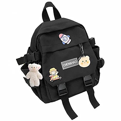 PEXIZUAN kawaii backpack girl school bag waterproof nylon with kawaii pendant cute pin mini backpack(black) - Black
