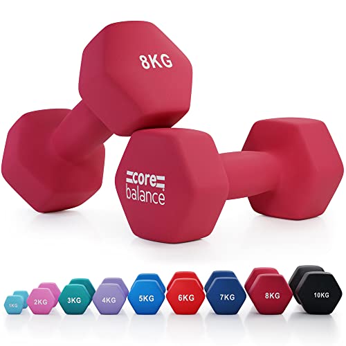 Core Balance Dumbbell Pair Hex Weight Neoprene Coated Cast Iron Strength Training (2 x 1kg, 2kg, 3kg, 4kg, 5kg, 6kg, 7kg, 8kg, or 10kg) - 2 x 8kg - Dark Red