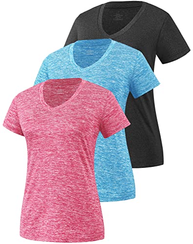 Star Vibe 3 Pack Women's Short Sleeve Dry Fit T-Shirts Moisture Wicking Athletic V-Neck Gym Tee Exercise Yoga Tops - L - Black/Blue/Rose