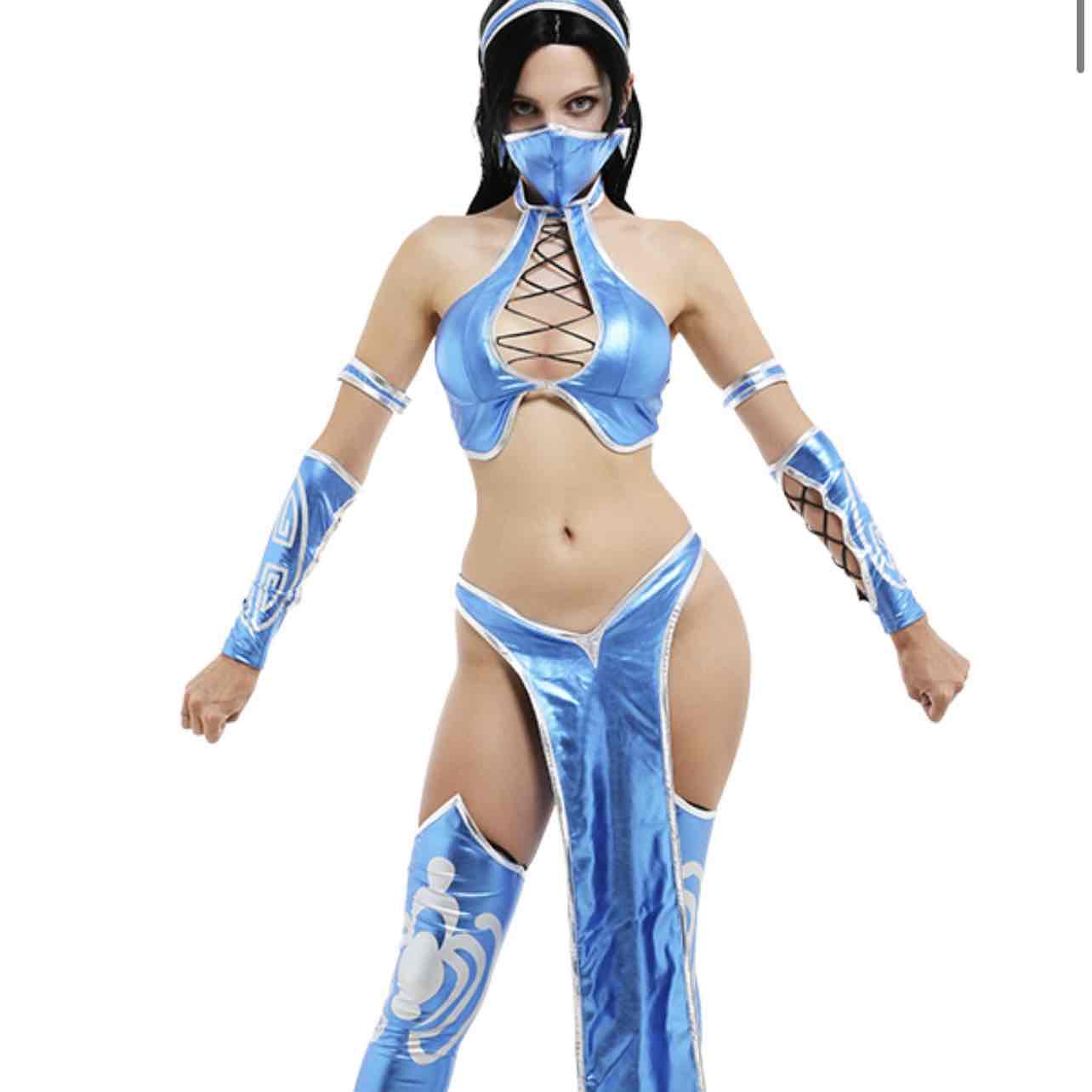 Mortal Kombat 9 MK9 Kitana Split Suit Cosplay Costume Outfit with Wristbands Arm Accessories Stockings Face Mask